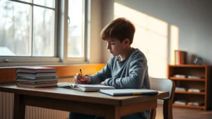 A focused high school student studying at a wooden desk with textbooks and notebooks, warm natural lighting from a window, minimalist Alaskan interior setting