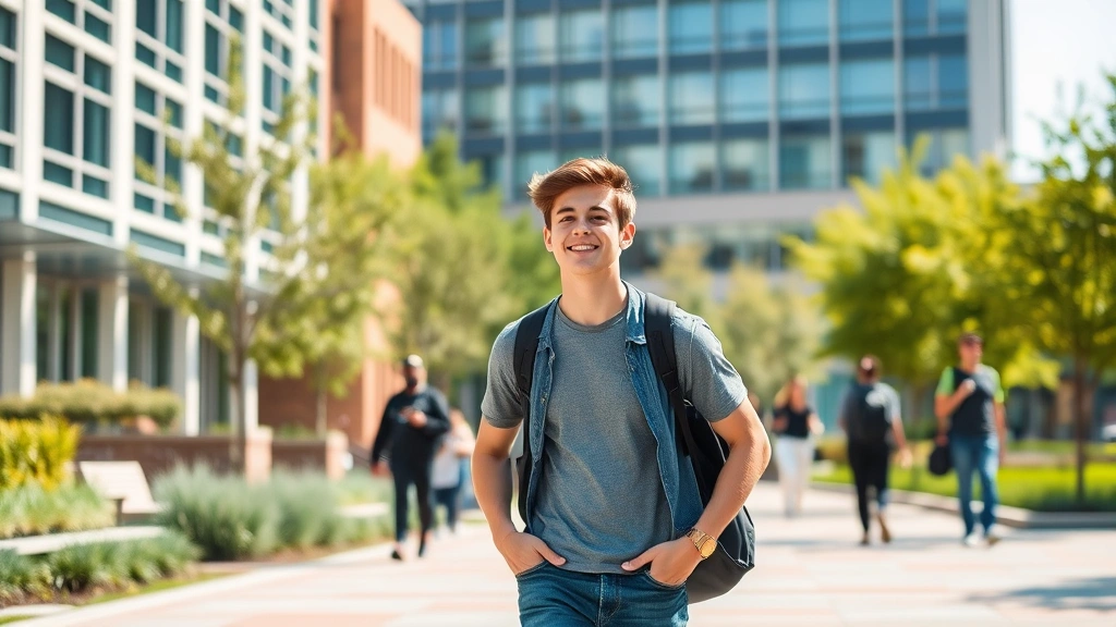 Young adult walking across a college campus with modern buildings and green spaces, confident posture, bright daylight, diverse student environment