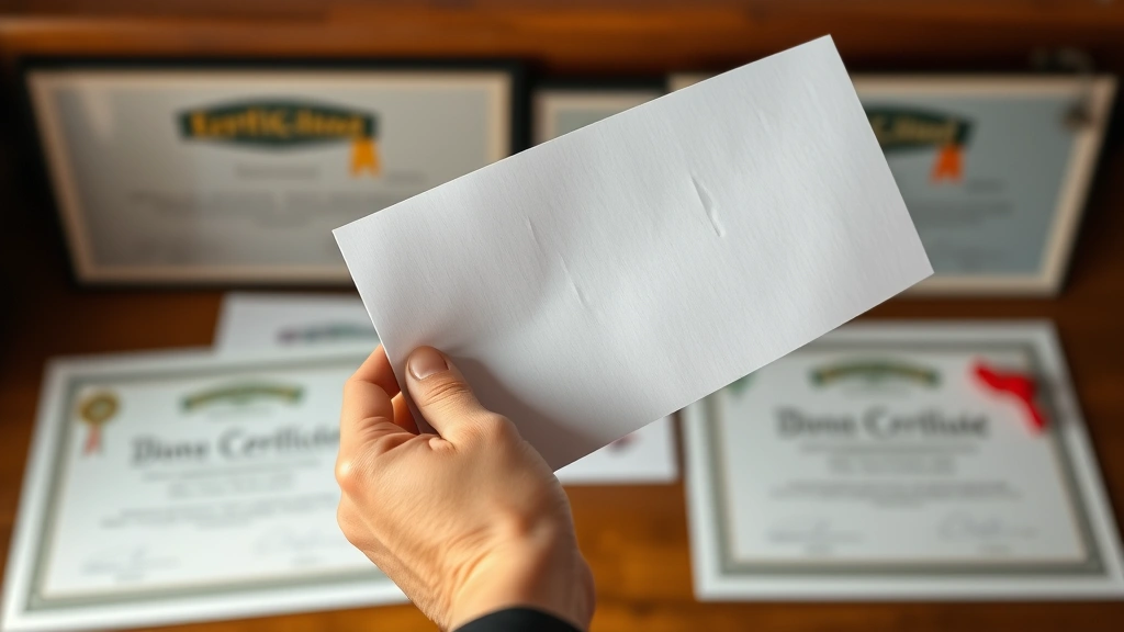 Close-up of hands holding acceptance letter or diploma with blurred educational achievement certificates in background, warm professional lighting