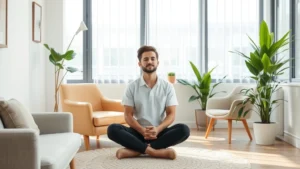 Serene person sitting peacefully in a modern therapy office with soft natural lighting, comfortable furniture, and plants, conveying safety and professional mental health support