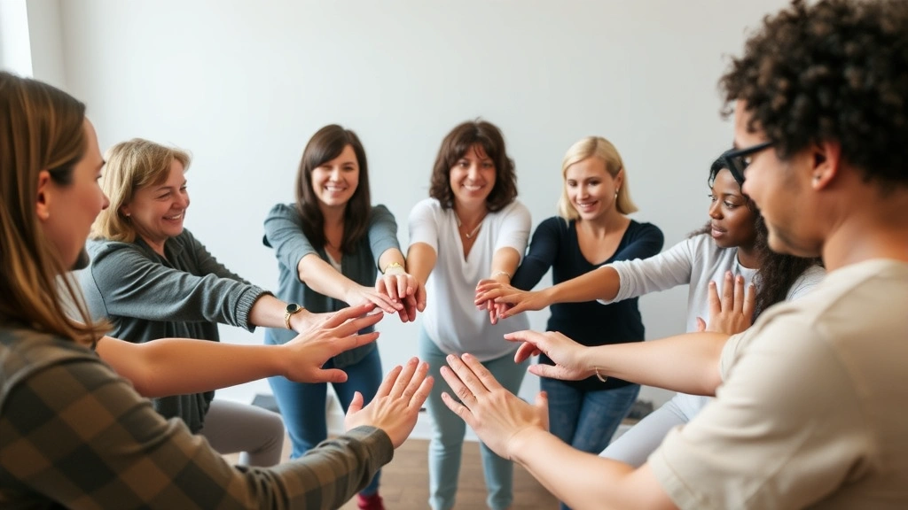 Diverse group of people in a supportive circle during a community wellness program, hands together, showing connection and shared mental health journey
