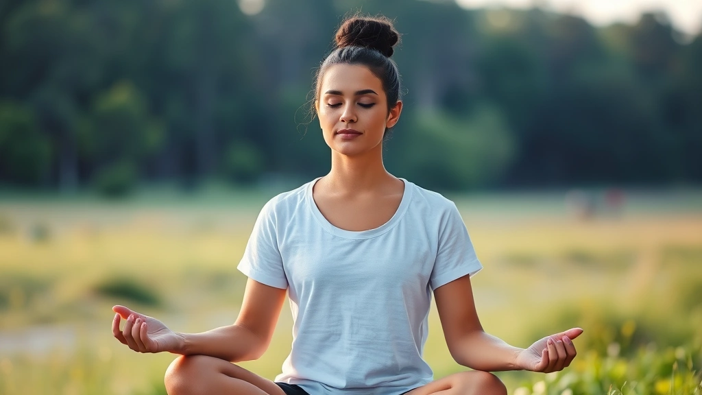 Calm individual practicing meditation or mindfulness outdoors in a peaceful natural setting with soft natural light, representing mental wellness and self-care practices