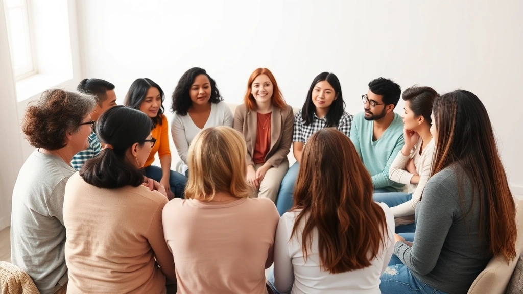 A diverse group of people in a supportive circle during a group therapy or support meeting, showing genuine connection and attentive listening without visible faces or identifying details