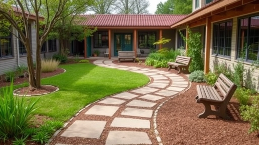 A peaceful outdoor garden or courtyard with walking paths, benches, and natural landscaping providing a tranquil space for reflection and wellness activities