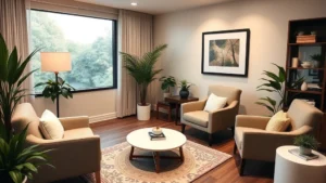 Serene professional office space with comfortable seating, warm lighting, and peaceful atmosphere suggesting therapeutic environment and mental wellness consultation