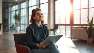 A person sitting peacefully in a modern, minimalist office environment with soft natural light streaming through large windows, looking calm and focused while holding a notebook