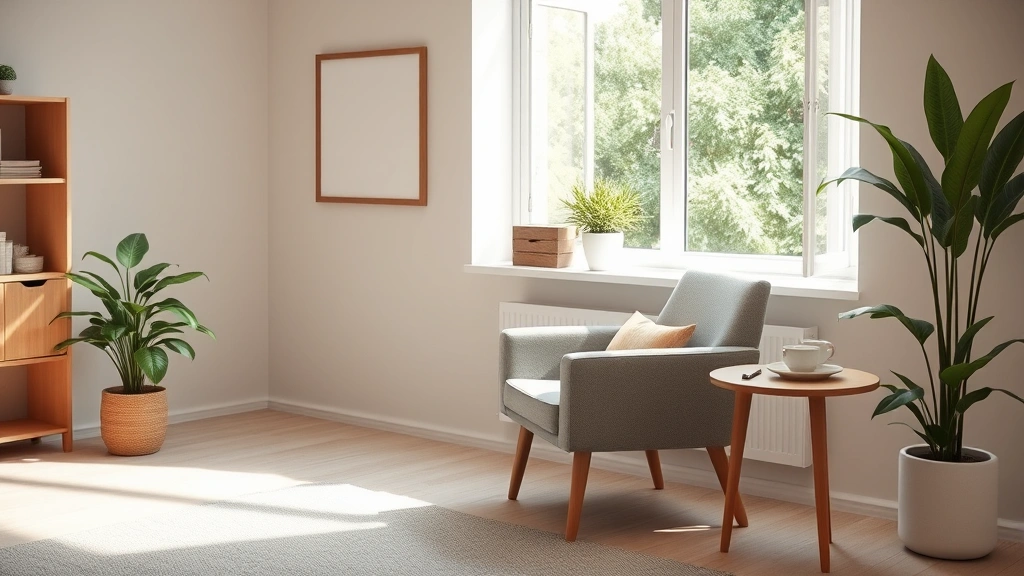 Professional therapist's office setup with comfortable chair, soft lighting, plant, and window view, welcoming clinical space, photorealistic