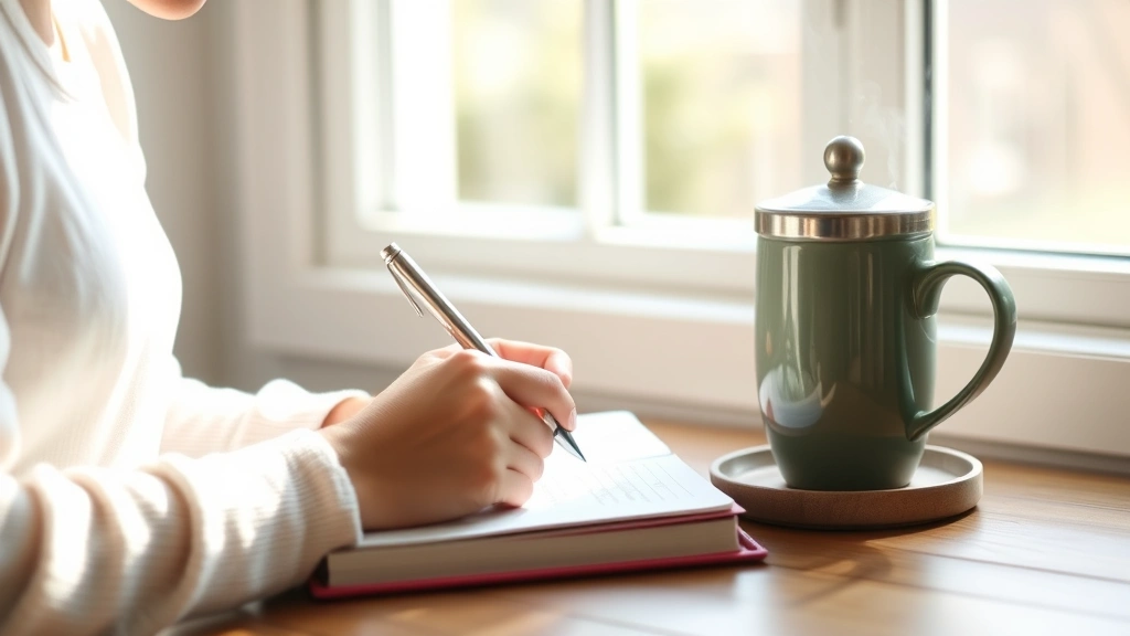 Person taking notes or journaling with a cup of tea nearby, natural daylight streaming through window. Serene self-reflection moment showing personal wellness and mindfulness practices in action.