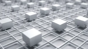 Close-up of a perfectly aligned digital grid with smooth geometric shapes positioned precisely on grid intersections, photorealistic 3D rendering