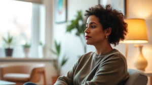 A person sitting in a comfortable therapy office with warm lighting, looking thoughtful and peaceful, with a window showing natural daylight in the background