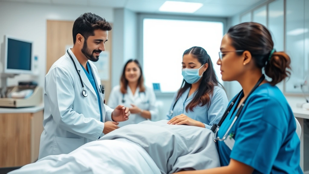 A calm individual receiving care in a modern medical facility with healthcare professionals nearby, conveying trust, professionalism, and comprehensive wellness support