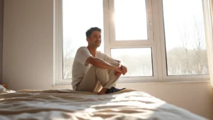 Person sitting by large window with natural sunlight streaming in, peaceful morning expression, minimalist bedroom setting, soft warm lighting, contemplative pose
