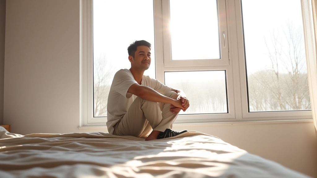 Person sitting by large window with natural sunlight streaming in, peaceful morning expression, minimalist bedroom setting, soft warm lighting, contemplative pose