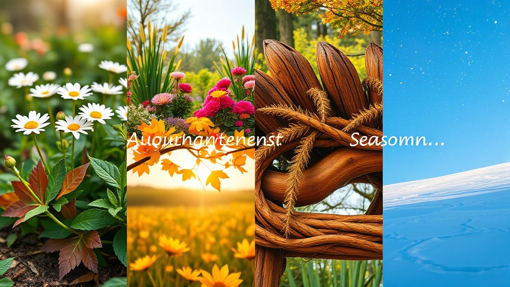 Four distinct natural landscapes representing seasons—spring flowers, summer garden, autumn leaves, winter snow—arranged in peaceful composition, no people or text