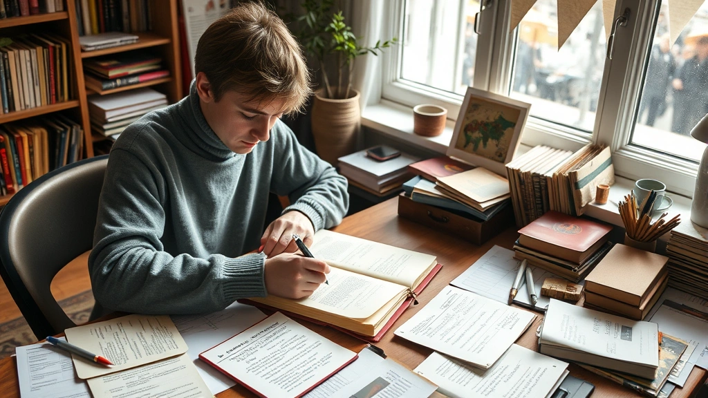 Individual journaling at desk with warm beverage, focused expression, natural light, scattered journal pages, cozy workspace, calm concentration, artistic arrangement