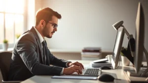 Professional individual focused intently on work at minimalist desk with clean workspace, morning light streaming through window, showing deep concentration and clarity of purpose