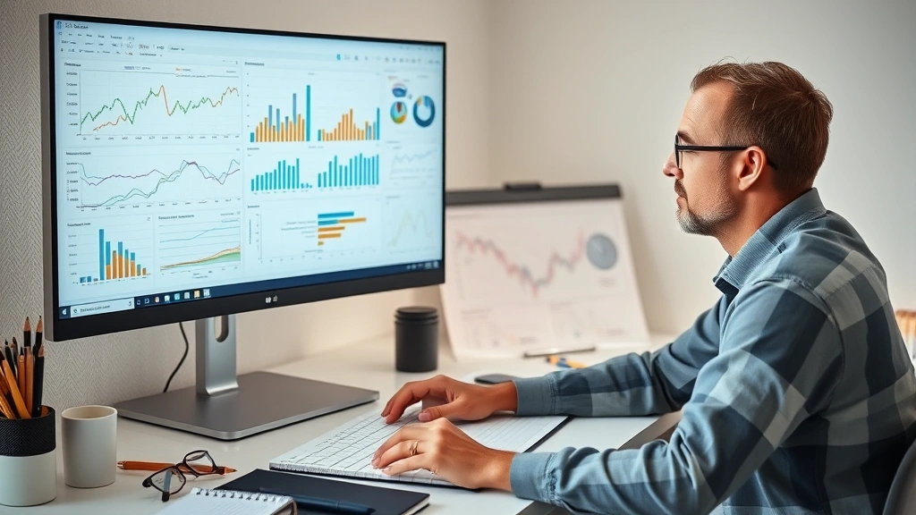 Person reviewing detailed charts and data on large monitor, analyzing performance metrics with thoughtful expression, surrounded by organized workspace materials and notebooks
