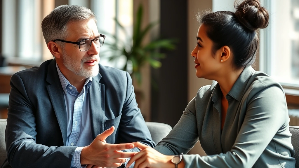 Mentor and mentee in thoughtful conversation, one listening intently while other provides feedback, warm professional setting with natural lighting suggesting honest dialogue
