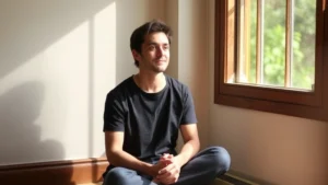 Peaceful person sitting by a window with natural light, looking calm and reflective, suggesting mental clarity and healing