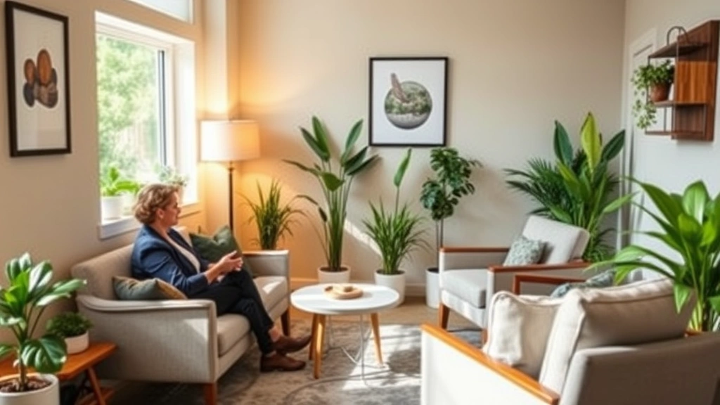 Professional counselor's office with comfortable seating, warm lighting, and plants, creating a safe therapeutic environment