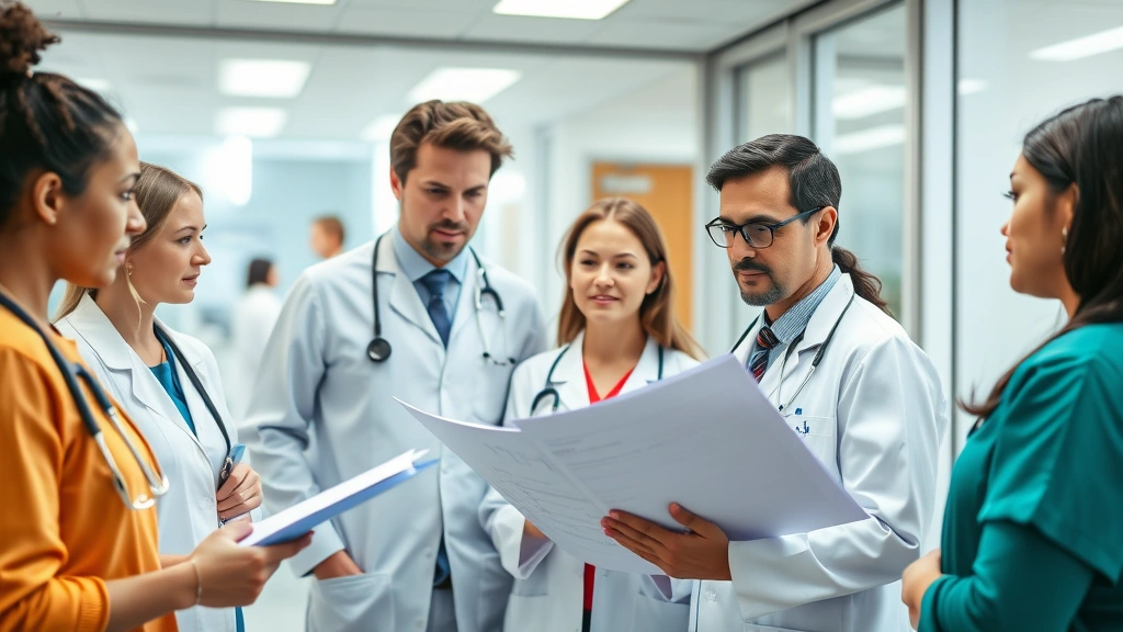 Close-up of a diverse group of healthcare professionals in clinical attire reviewing patient charts and discussing treatment plans in a modern medical office