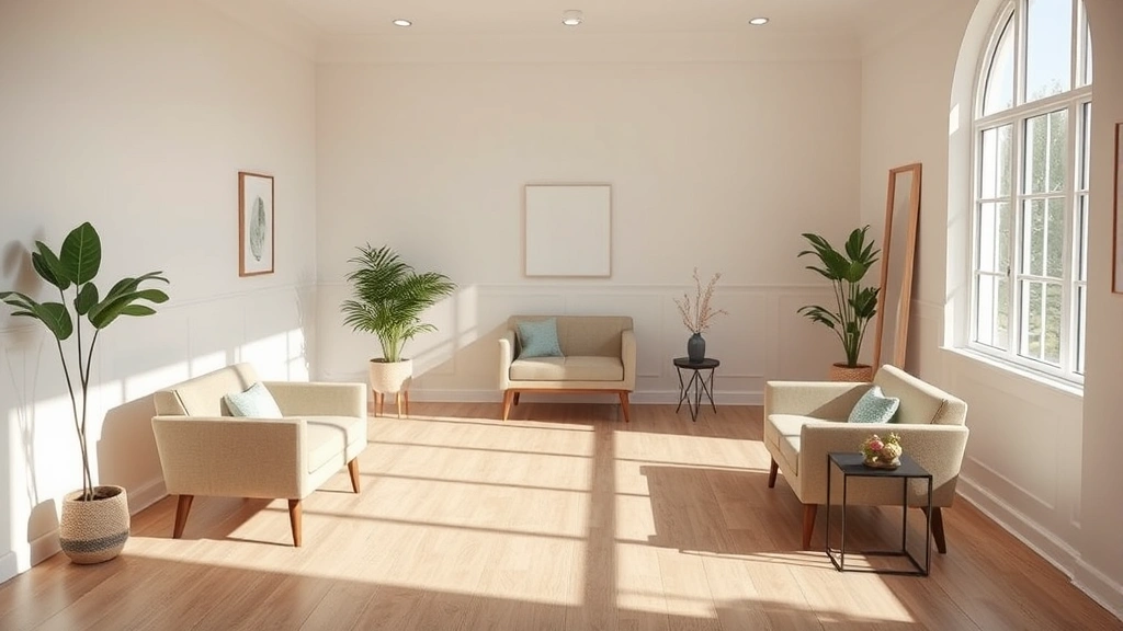 Peaceful indoor space with natural light streaming through windows, comfortable furniture, and calming décor—empty waiting room or consultation space aesthetic