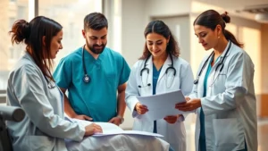 A diverse team of healthcare professionals in a modern clinic setting, collaborating around a patient's care plan, warm natural lighting, professional attire, focused expressions
