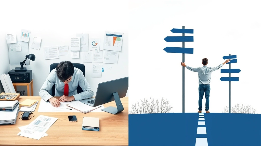 Split-screen visual showing one side with a person working intensely at a desk surrounded by completed tasks, other side showing the same person standing at a crossroads looking at different directional signs. Clean, modern aesthetic with symbolic imagery.