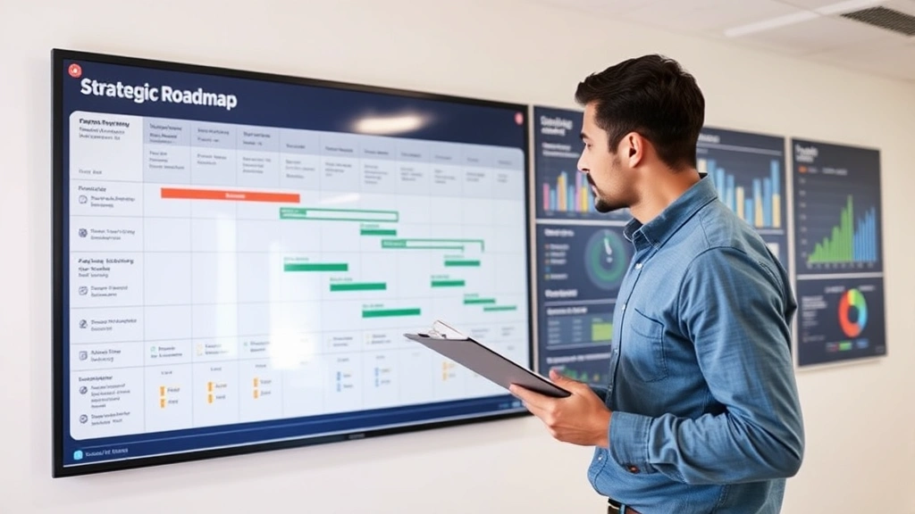 A person reviewing a large strategic roadmap on a wall while holding a clipboard, with performance dashboards and achievement metrics visible in the background. Bright, focused environment suggesting both planning and execution phases.