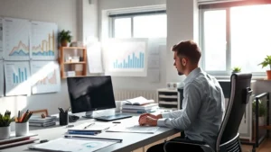 A professional workspace with organized desk, visible charts and graphs showing data trends, natural light streaming through windows, person focused on work with clear prioritization elements visible