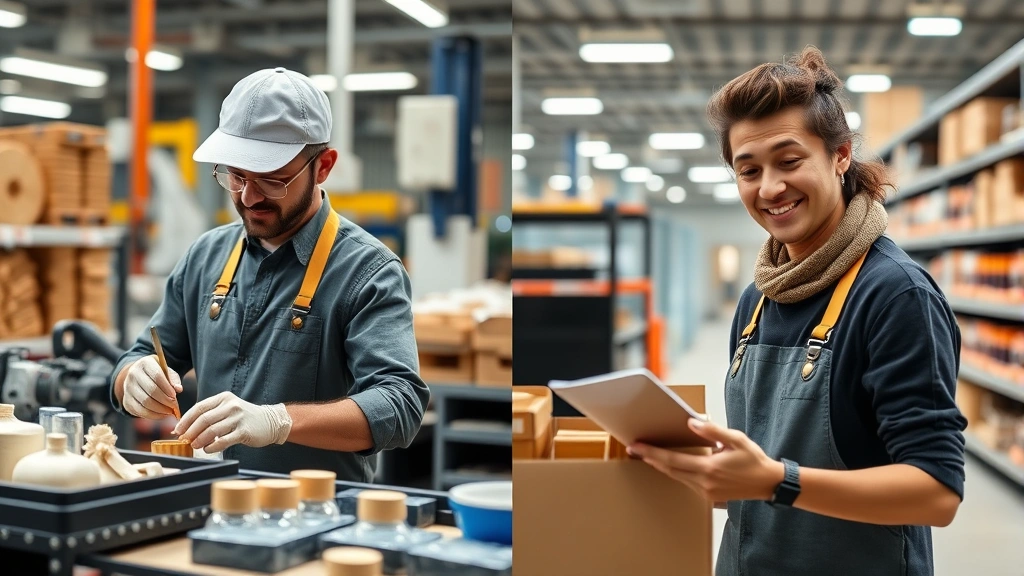 Split-screen comparison: left side shows a factory worker efficiently assembling products with perfect technique and zero waste, right side shows a customer happily receiving exactly what they need. Photorealistic, industrial and retail setting.