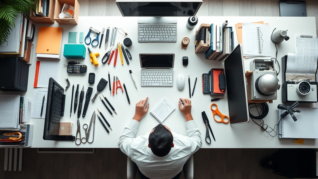 Overhead view of a busy desk with organized workspace, multiple tools efficiently arranged, person focused and productive. Clean, minimalist aesthetic, natural lighting, photorealistic.
