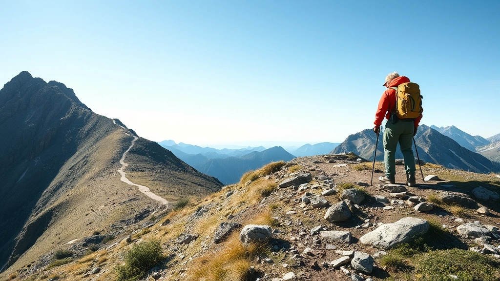 Mountain climber at a fork in the trail, one path leads upward to a clear summit, the other leads to a scenic but lower destination. Photorealistic landscape, decision-making moment captured, clear sky.