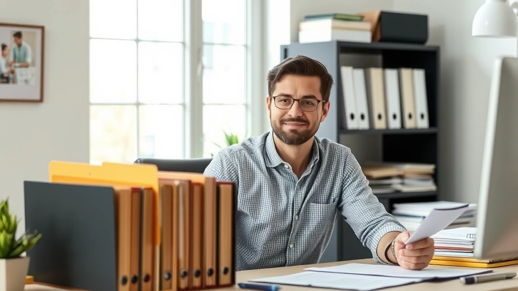 Person at a desk with multiple project folders and documents organized in clear priority zones, natural lighting, focused expression, clean workspace aesthetic