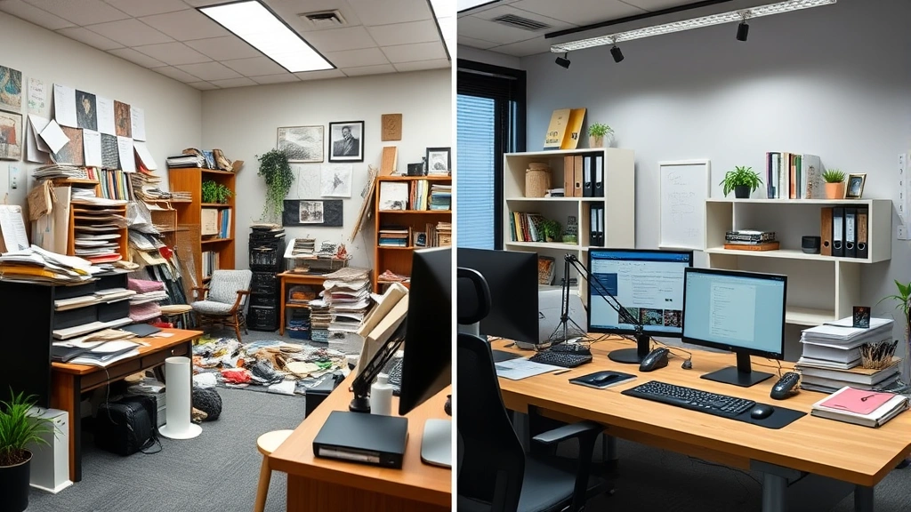 Split-screen comparison showing cluttered chaotic workspace on left versus organized streamlined workspace on right, professional office setting