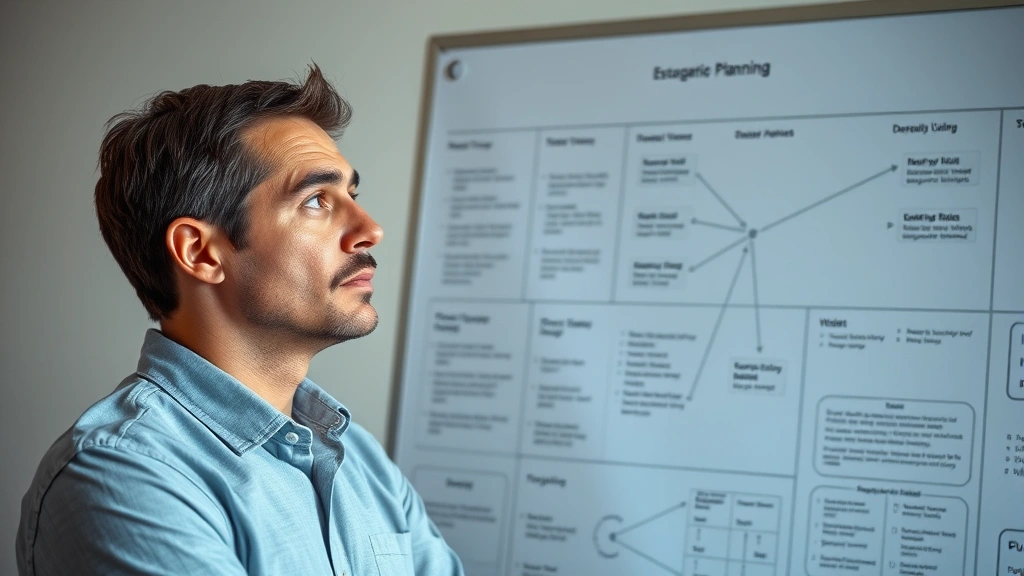 Person looking thoughtfully at a strategic planning board with interconnected elements and resource allocation diagrams, contemplative pose, minimalist background