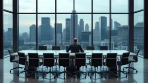 A sleek corporate boardroom with a single executive sitting at the head of a long table, surrounded by empty chairs and large windows overlooking a city skyline, representing monopoly control and market dominance
