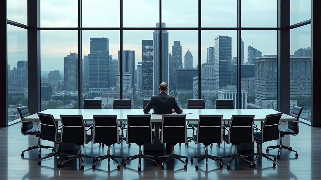 A sleek corporate boardroom with a single executive sitting at the head of a long table, surrounded by empty chairs and large windows overlooking a city skyline, representing monopoly control and market dominance