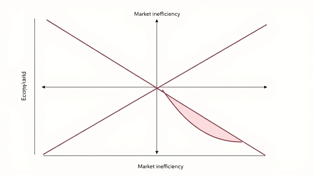 An intricate supply and demand graph visualization with intersecting curves and shaded triangular areas, showing economic equilibrium points and market inefficiencies in a modern, minimalist style
