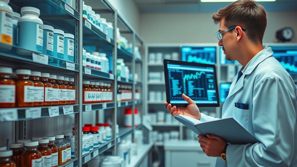 A pharmaceutical laboratory with shelves of medicine bottles and a scientist examining data on screens, representing restricted production and high-priced goods in monopolistic industries
