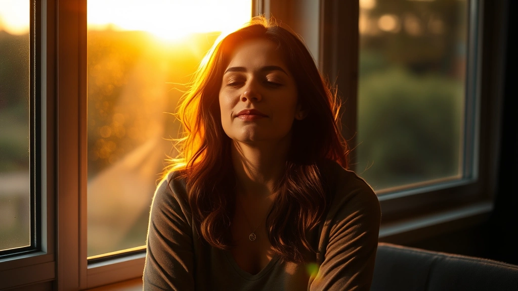A person sitting peacefully by a window during golden hour, sunlight streaming across their face, with a blurred natural landscape visible outside, conveying calm and mental clarity