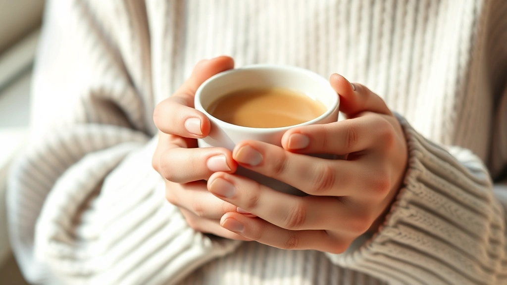 Close-up of hands holding a warm beverage, person in comfortable clothing, soft natural lighting, suggesting self-care and mindful pause moments