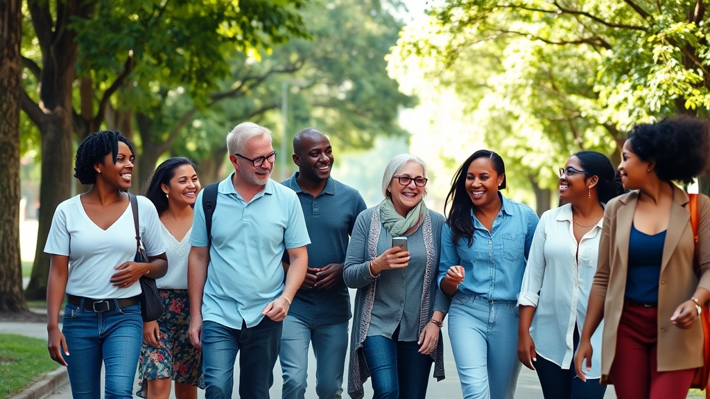 A diverse group of people walking together outdoors on a tree-lined path, laughing and conversing naturally, embodying social connection and community support