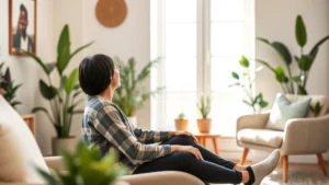 A person sitting peacefully in a modern therapy office with soft natural lighting, comfortable furnishings, and plants creating a calm, welcoming environment for mental wellness consultation