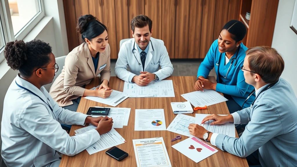 A diverse group of professionals collaborating around a table with medical charts and wellness materials, representing integrated mental health care team approach and professional expertise