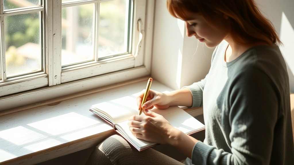 Someone writing in a journal near a window with natural sunlight, symbolizing self-reflection, mental clarity, and the therapeutic process of personal growth and emotional processing