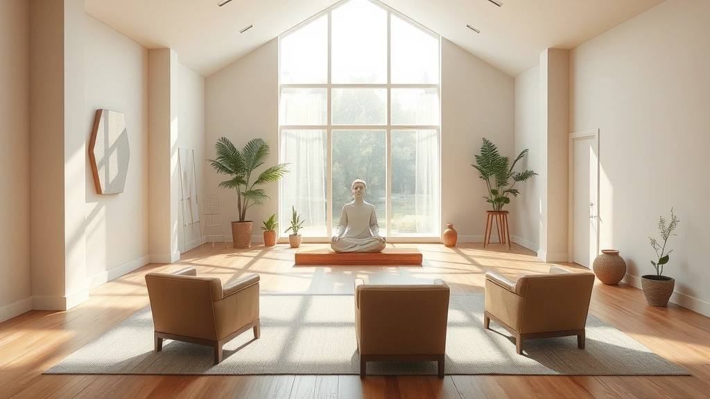 Serene meditation space with natural light, comfortable seating, calming neutral colors, peaceful therapeutic environment without people