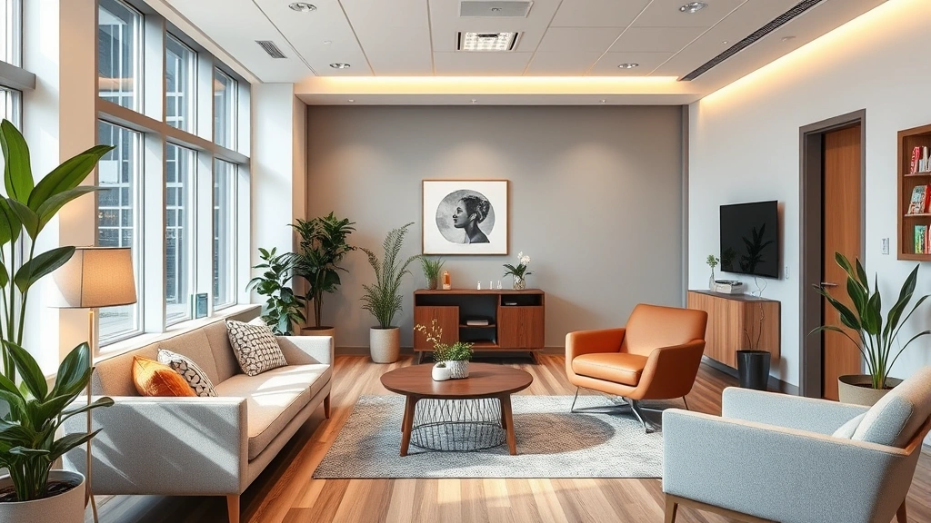 Modern psychiatric facility interior showing professional therapy room with comfortable furniture, warm lighting, plants, and welcoming design elements
