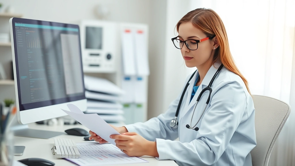 Healthcare professional reviewing patient files at desk with medical charts, computer, professional office setting, focused clinical atmosphere