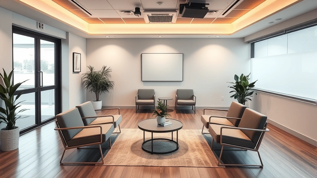 Modern, calm mental health clinic waiting room with soft lighting, comfortable seating, and peaceful decor. Professional yet welcoming environment suggesting safety and healing.